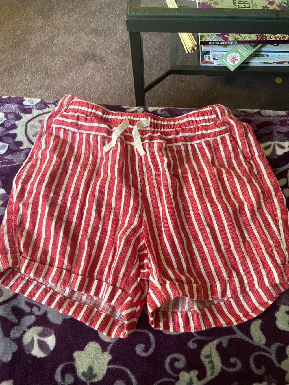 Faded Glory Red and White Striped High Waist Drawstring Shorts
